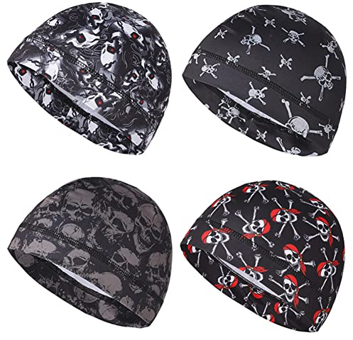 Sweat Wicking Skull Beanie Helmet Liner Running Hat Cycling Caps Cooling Cap Skullcap Liners Fits Under Motorcycle Helmets for Men and Women (Skull Pack)