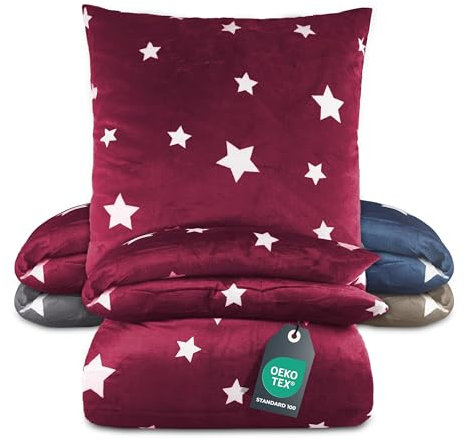 BaSaTex Winter Plüsch Bettwäsche Set Sterne Nicky-Teddy Cashmere-Touch | 135x200 155x220 + 80x80 Kissenbezug | Größe: 135x200 | Farbe: Bordeaux Rot