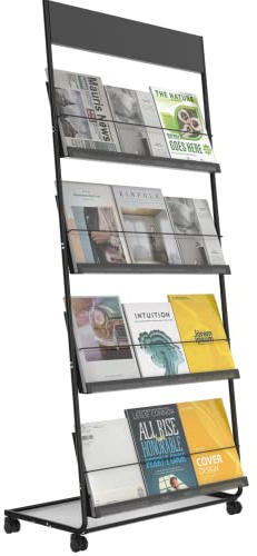 TONGMO Magazine Rack: Floor-Standing 4-Layer with Wheels, Brochure Display Stand, High-hardness metal for Exhibitions, Office, and Any Organization Requiring Information Display(Black)