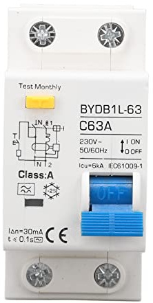 Disjoncteur Miniature 230V, A Type 30mA 63A 1P N Disjoncteur à Courant Résiduel, Protecteur de Fuite Protection Contre les Surcharges Commutateur D'air pour Lignes de Distribution D'éclairage