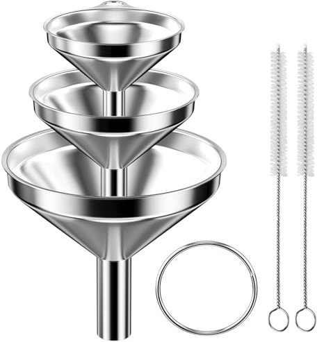 Newpop 3 pezzi Imbuto in Acciaio Inox, Imbuti da Cucina con 2 Spazzole per la Pulizia, Set Di Imbuti Argento 3 Misure 4.5/5.5/7.5cm per la Trasmissione marmellata e Fagioli Olio da Cucina Liquido