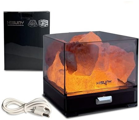 HISUNY 100% Himalayan Crystal Rock Salt Lamp - Atmosphere Night Lamp with 6 Way Dimmable, Mini USB LED Pink Natural Salt Therapy Lamp with Smart Heating Essential Oil System, for Home Decor and Gift