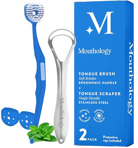 Mouthology Tongue Brush & Tongue Scraper (Combo Pack), Reduce Bad Breath & Improve Oral Hygiene, Tongue Scraper Brush for Adults Ergonomic Handle & Protective Cap, Tongue Cleaner