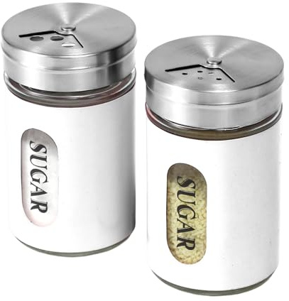 STJKBDFC Sugar Shaker Duster Stainless Steel and Glass Set with Adjustable Pour Holes Cinnamon Shaker For Coffee Bar,set of 2 (White)