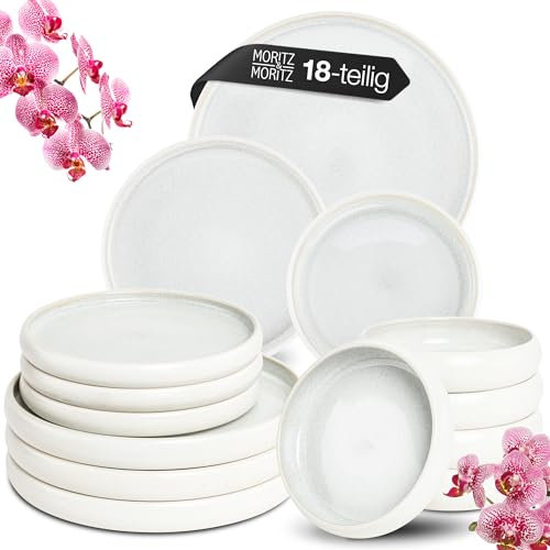 Moritz & Moritz SOLID UNI Geschirrset 6 Personen Creme 18-teilig - Modernes Steinzeug Geschirr Set - Mikrowellen- & Spülmaschinenfest, Essgeschirr, Tafelservice, Kombiservice 6 Personen