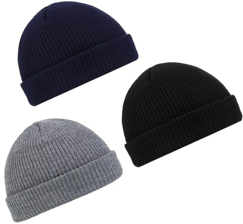 3 Pieces Beanie Hat Men Fisherman Beanie, Roll up Edge Skullcap Fisherman Beanie Unisex, Soft & Stretchable Cuffed Plain Knit Hipster Docker Winter Hat Black