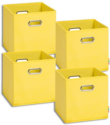 Storanda | 4er Set Aufbewahrungsbox 28x28x28 cm | Beiseitig Breite Griffe | Stabil & Faltbar | Regalbox für Würfelregal | Gelb