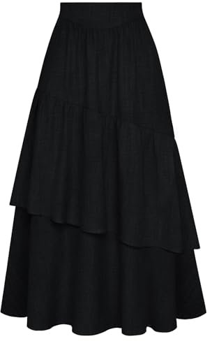 Belle Poque Langer Rock Damen Lässige A-Linie Boho Röcke Mehrschichtiger Stufenrock mit Taschen Schwarz S