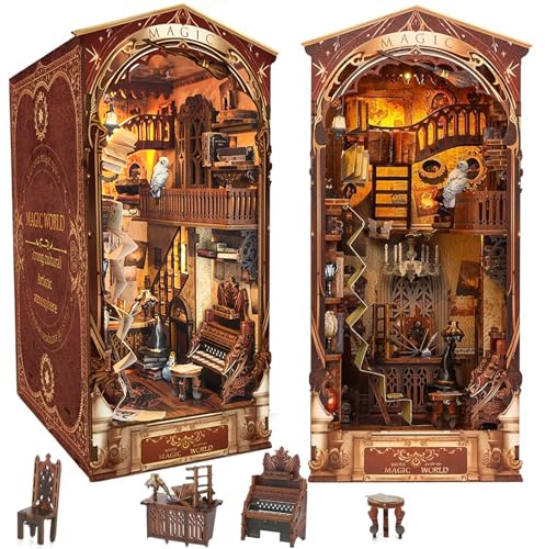 Qurxuanwe Magisk värld gör-det-själv bok Nook kit med dammskydd och sensor LED-ljus, 3D-träpussel dockhus miniatyr hus kit, bokhörn dekoration trä, pussel, bokstöd för vuxna från 14
