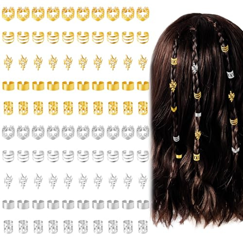 100 Pcs Hair Jewelry For Braids,Gold Silver Hair Cuffs Dreadlock Accessories,Adjustable Hair Rings Braid Decorations For Women (100Pcs-GoldSilver, Style1)