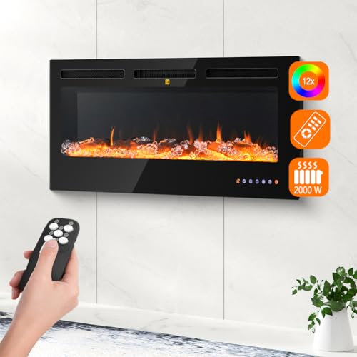 BAKAJI Chimenea eléctrica para montaje en pared, con marco de madera, 2000 W, completa con móvil, silencioso, diseño moderno, horno de pared, termostato digital, fuego realista (Livigno 120 cm)
