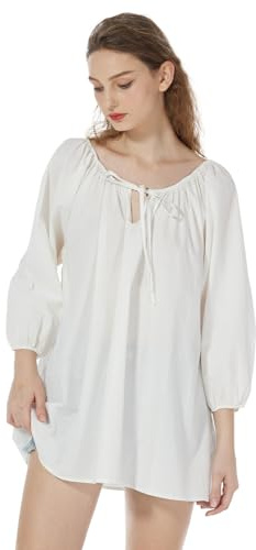 BEAUTELICATE Chemisier Victorien Renaissance Rétro en 100% Coton De Femme Haut Steampunk Gothique Médiévale Blouse Manches 3/4 Tops à Épaules Dénudées Décontractés Blanc Crème