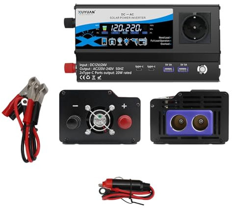 WODHMIEY 1000W Kfz Wechselrichter 12V/24V auf 230V – Auto Spannungswandler mit 1 Steckdose, 2 USB, Type-C & Zigarettenanzünder, LCD-Display, Ambientebeleuchtung – für Camping, Reisen, Wohnmobil & LKW