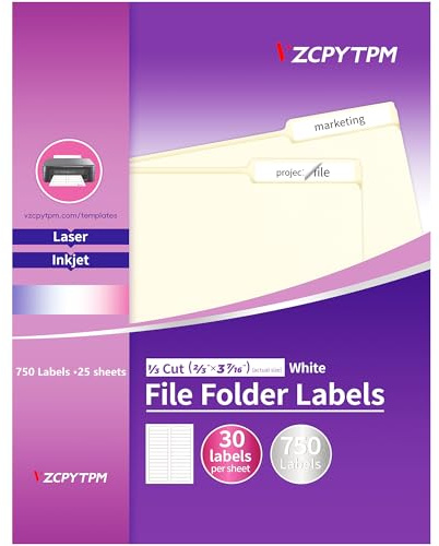 File Folder Labels,750 Labels 1/3 Cut,Self Adhesive Labels,Printable Permanent Label Stickers for Manila File Folders,2/3 x 3-7/16,Laser/Inkjet,25 Sheets,White