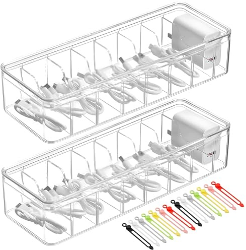 PlsMupn Organizador de Cables 2 Piezas, Caja Organizador Cables con 8 Compartimentos y 14 Bridas de Cables, Caja Cables Organizador con Tapa, Caja Guarda Cables para Hogar, Oficina