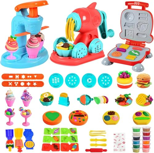Neuytiky 3 en 1 Kit de Masa con 51 Piezas para Niños de 2 a 10 Años, Accesorios de plastilina, Juego de 12 latas,Kit de Herramientas para Masa con Máquina para Hacer Helado, Fideos y Hamburguesa