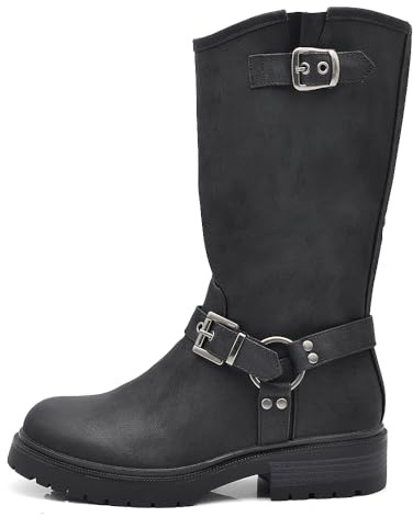 IF Fashion Scarpe Stivali da Donna Al Polpaccio Biker Motociclista Con Fibbie Cinturino Anfibi Punk Roke IF-62-1 nero N.39