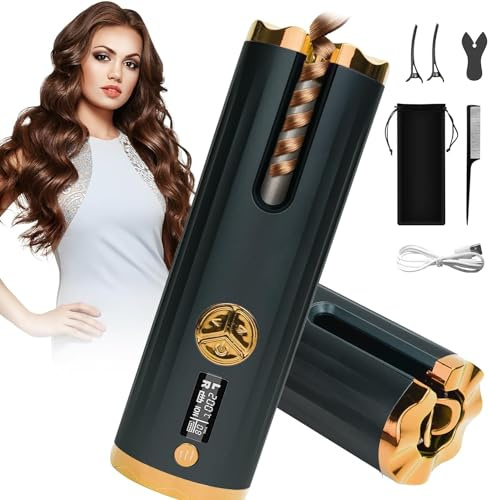 Rizador Rizador de Pelo Automático, Inalámbrico Automático Rizador Portátil Recargable Rizadores De Cerámica 6 Configuraciones De Temperatura