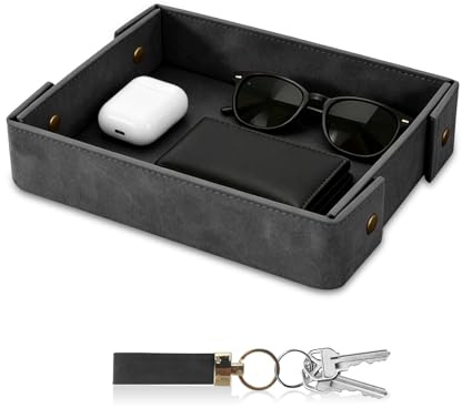 SITHON Bandeja de Valet para Escritorio, Almacenamiento Organizer de PU Cuero Multifuncional, Captura para Llaves, Teléfono, Billetera, Moneda, Joyería y Mesa de Noche, Negro