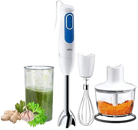 Braun Household Stabmixer MQ 3035 WH - MultiQuick 3 Pürierstab mit Edelstahl-Mixfuß, 2 Geschwindigkeiten, Spritzschutz, Spülmaschinenfest, Zerkleinerer, Schneebesen & 600ml Mix- und Messbecher, Weiß