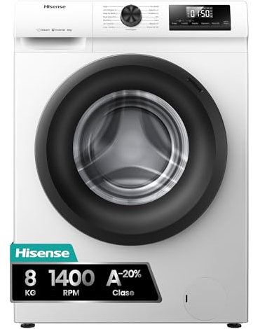 Hisense WF1Q8041BW2 - Lavadora, Clase A, 8 Kg, 1400 rpm, Alto 85 cm x Ancho 60 cm, Color Blanco, Función Vapor 99,9%, Lavado Rápido+, Lavado Automático, Finalización Diferida, Tecnología Inverter