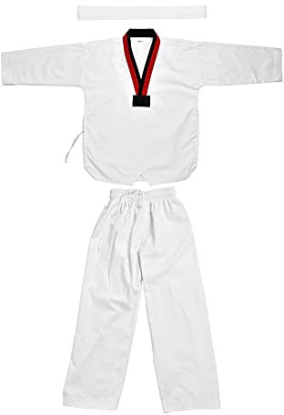 Demeras Karate Anzug Taekwondo Anzug Uniform Vollbaumwolle Taekwondo Uniform Sportbekleidung Karate Kostüm für Erwachsene & Kinder(120-Red and Black Collar)