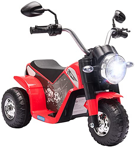 HOMCOM Moto Elettrica per Bambini a 3 Ruote con Luci e Suoni, Batteria Ricaricabile 6V, Velocità 2 km/h, per Bimbi da 18-36 Mesi, 72x57x56cm Rossa