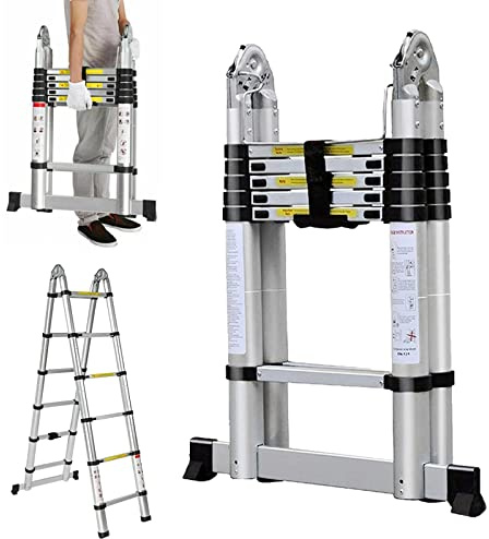 12.5FT Aluminum Telescoping Extension Ladder 330lb Capacity Heavy Duty A-Frame Foldable Portable 2-in-1 Ladder with Support Bar EN131 Certificated for Home Office Shed Warehouse