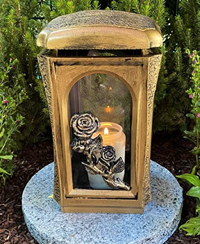 Grablampe Laterne Grabkerze mit Rose, 27 cm H. NEU - Grablicht Kerze Grabdekoration Grablampe ohne Sockel und ohne Deko.