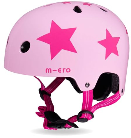 Micro Scooter | Bike/Scooter Printed Deluxe Kids Helmet | Kids Bike Accessories | LED Rear Light | Protective Chin Strap | Inner Padding | Adjustable Strap & Sizing Wheel | Small (48-54cm) | Star Pink