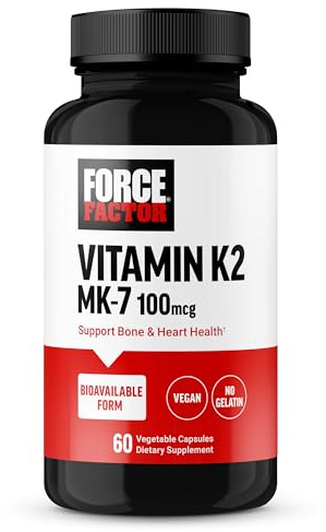 Force Factor MK-7 Vitamin K2 100mcg, Bone Support Supplements for Women and Men, Support Heart Health, Bone Density, and More, BIoavailable Form, Vegan, Non-GMO, 60 Vegetable Capsules