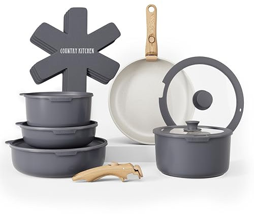 Country Kitchen Ensemble de 16 casseroles et poêles – Batterie de cuisine antiadhésive sans danger avec poignée amovible en bois doux au toucher – Passe au four (gris)