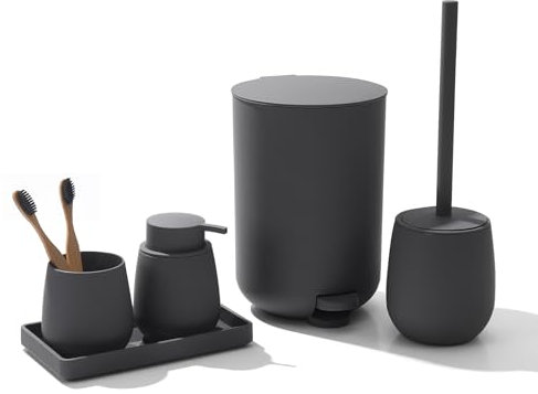 AJEUNGAIN Badset Badezimmer Set Grau, Modern Badausstattung Sets Organizer, Bad Set Mülleimer Klobürste Seifenspender und Zahnputzbecher Tablett (Grau-5 Teiliges)
