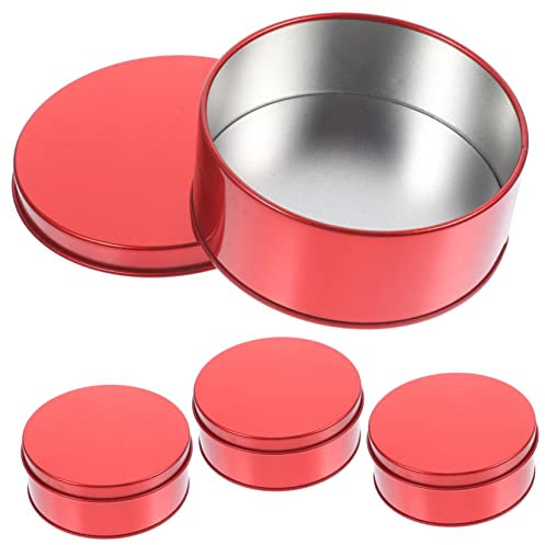 ABOOFAN Round Red Tin Cookie Boxes Lids 4pcs Large Christmas Cookie Tins, Candy Storage Containers for Party and Packaging