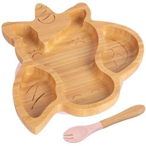 2pc Pastellrosa Bambus-Einhorn-Baby-Entwöhnungsteller & Gabelsatz - Hölzern Geteilt Kleinkind Kinder Essen Fütterung Tablett - Silikon Saugnapf - Von Tiny Dining