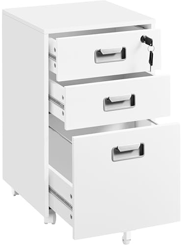 Yaheetech Caisson de Bureau Mobile avec 3 Tiroirs, Verrouillable, Rangement Bureau pour Document A4/Lettre, Dossier Suspendu, Support d'Imprimante à roulettes, 40 cm L × 40 cm l × 66cm, Blanc