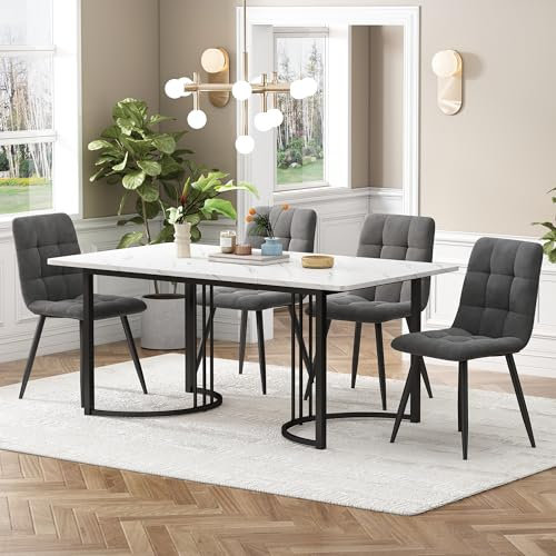 Ctastay Esstisch-Set mit 4 Stühlen 140x80 cm, Essgruppe mit 4 Stühlen aus Samt, Küchen-Esstisch für Zuhause & Familie, Schwarz Metall Tischbeine + 4 Dunkelgrau Stühlen