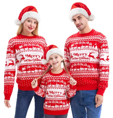 Giggling Getup Suéter de Navidad familiar a juego, lindo suéter de punto navideño de manga larga, suéter de Navidad feo negro, Hombres rojo, M