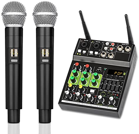 Sefdrert Console de mixage 1 Drag 2 micros sans 4 canaux avec effet Bluetooth USB pour DJ karaoké PC guitare