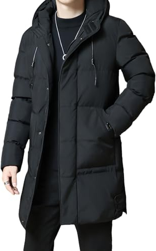 aromm Men's Hooded Padded Jacket Full Zip Mid Length Warm Puffer Coat Black, L