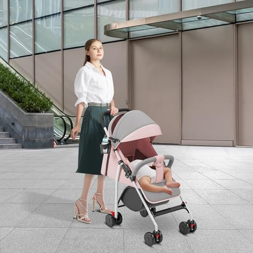 Kinderwagen, leicht und kompakt, von 0 Monaten bis 4 Jahren, maximale Tragfähigkeit von 25 kg, zusammenklappbarer Kinderwagen, neigbare Rückenlehne, automatische Faltung in 1 Schritt, Canopy-C-Rosa