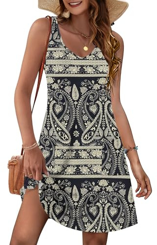 MOLERANI Summer Dresses for Women UK - V Neck Women Dresses Casual Sleeveless Ladies Dress with Pockets Boho Floral Black M