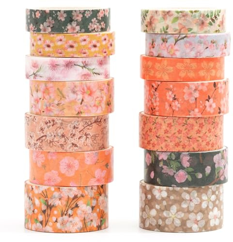 Songdao Sakura Washi tejpset 14 rullar blommor dekorativ tejp färgglad för scrapbooking, bullet dagbok, planerare, presentförpackning (bärnstensblommor)