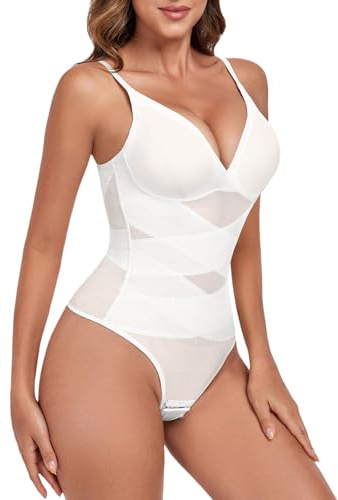 Tuopuda Body Sculptant Femme, Gaine Amincissant Ventre Plat Body Gainant Shaper avec Soutien-Gorge String Bodysuit Minceur Chic Élégant Spaghetti Strap Lingerie Camisole Top, Blanc, L