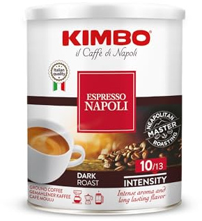 Kimbo, Espresso Napoli, 250 g Gemahlenes Kaffeepulver, Intensives Aroma, Intensität 10/13, Dunkel geröstet, 1 Packung à 250 g, Metal Box