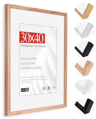 HIMEETIME® 1x Cornice Foto in Legno Quercia 30x40 cm，Passepartout 21x30cm,Cornice 30x40 con Vetro artificiale infrangibile- Cornice per Grande Quadro,Poster-Solo esposizione da parete