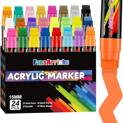 FansArriche Rotuladores Acrílicos, 24 Colores de Punta de Fieltro 15 mm | Impermeables y Permanentes, marcadores acrílicos para piedras, señales, caligrafía y pinturas al aire libre