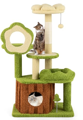 COSTWAY Katträd, kattträd med kattgrotta, plattformar, plyschsovsäng, boll och klöspelare, klösträd för katter, kattmöbler, klätterträd, aktivitetsträd, grön + brun (55 x 40 x 100 cm)