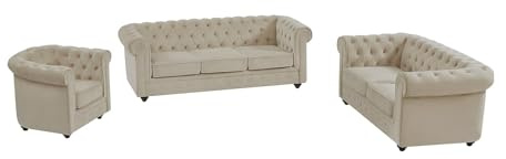 Vente-unique - Canapé 3 Places, 2 Places et Fauteuil en Velours Beige Chesterfield