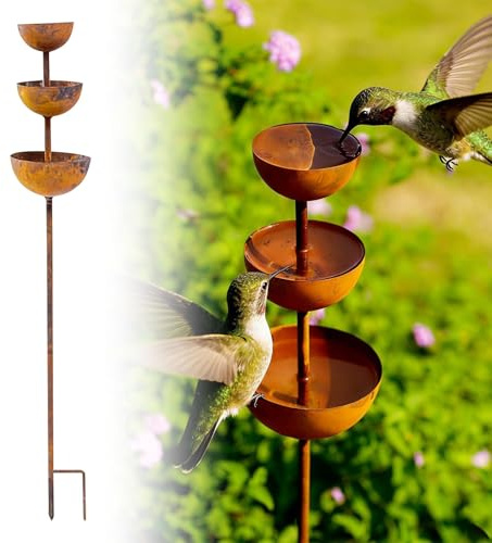 Mangeoire et baignoire pour oiseaux avec bols d'eau, piquet de jardin à 3 niveaux pour décoration extérieure, terrasse, cour, pelouse